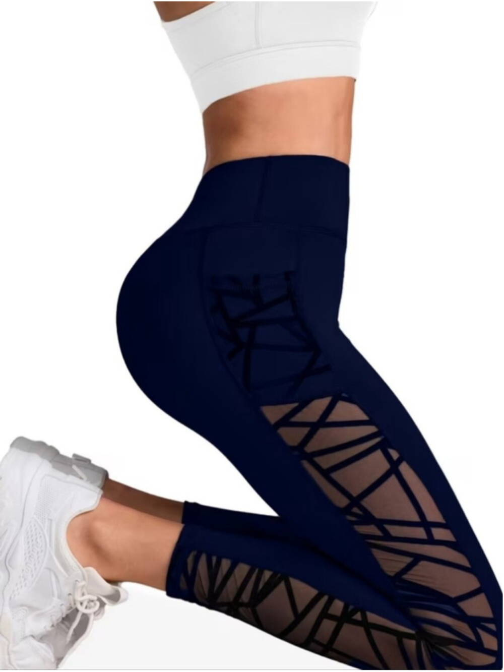 High-Waist Black Mesh Panel Leggings with Side Pocket - Picture 10 of 11